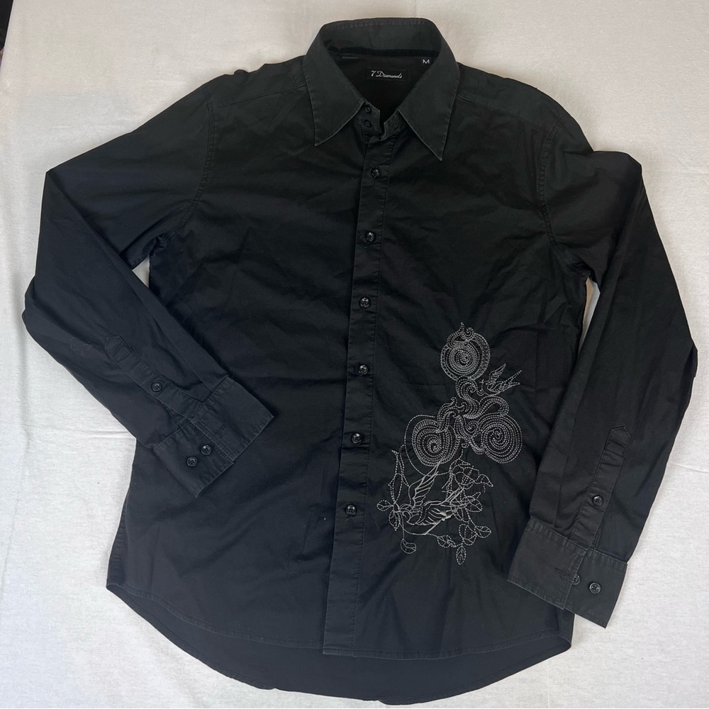 7 Diamonds Men’s M Black Long Sleeve Western Button Down With Black Embroidery